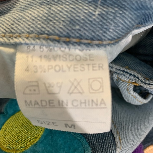 Blue Flower Power Hippie Embroidery Patchwork Flare High Waisted Wide Leg Jeans - Picture 13 of 14